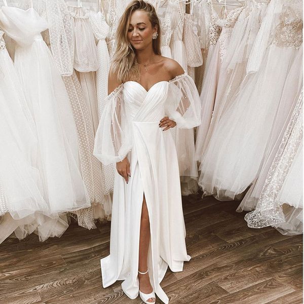 

bohemian country wedding dresses with sheer long sleeves bateau neck a line lace applique chiffon boho beach bridal gowns cheap, White