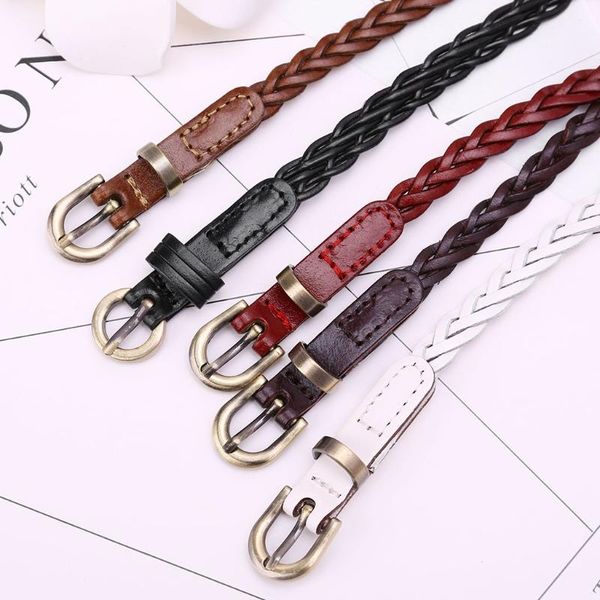 

belts womens braided waistband vintage faux leather thin waist belt alloy buckle dress, Black;brown