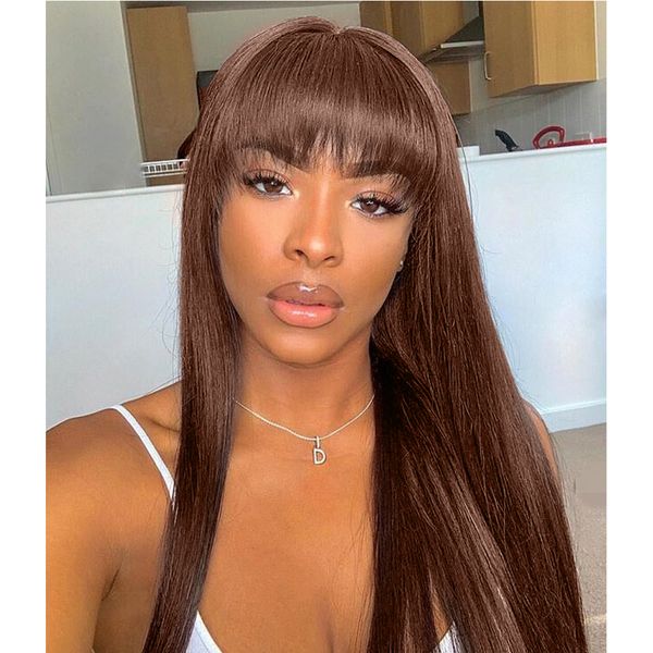 

brazilian straight ombre human hair wigs for women full wig with bang silk brown purple highlight wig remy 30inch, Black;brown
