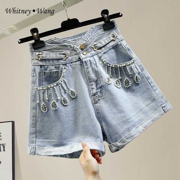 

women's jeans whitney wang shorts 2021 summer fashion streetwear waist daimonds tassel denim women plus size 5xl, Blue