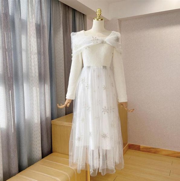 

casual dresses autumn winter mink velvet stitching bow net yarn slim long dress party vestidos s374, Black;gray