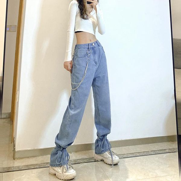 

women's jeans all seasons style female fashion chain tie feet blue solid color high waist night club wide leg denim pants