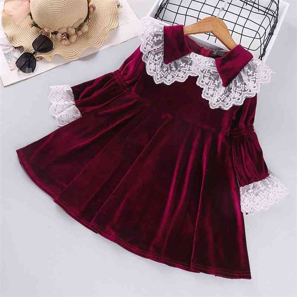 

girls dresses autumn and winter kids clothing fashion children's long-flared sleeves corduroy lace lapel princess dress 210625, Red;yellow