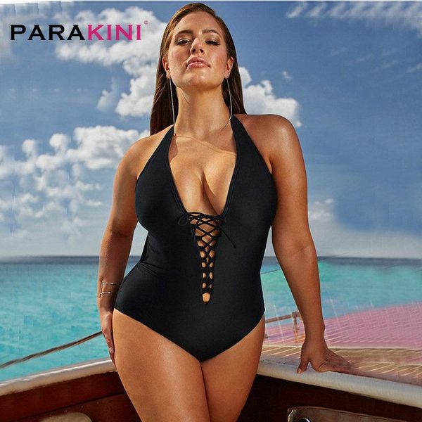 

parakini women lace-up one piece swimsuit fused solid halter plus size swimwear 2021 new bathing suit beach deep v bodysuit