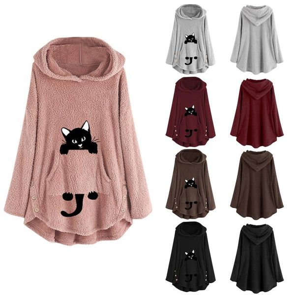 

women's hoodies & sweatshirts women hoodie oversized hooded cat embroidery plus size warm hood pullover sweatshirt blouse kawaii female, Black
