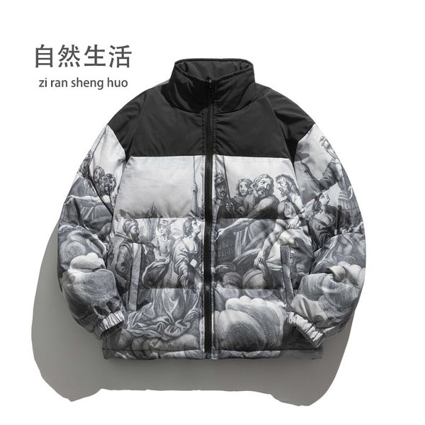 

natural life 2021 winter cityboy style stand collar bread suit american casual print stitched cotton clothes men's fashion, Black