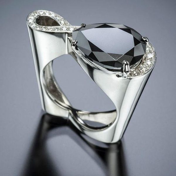 

cluster rings luxury twist geometric infinity crystal women big black water drop zircon stone wedding ring hollow heart jewelry b4m305, Golden;silver