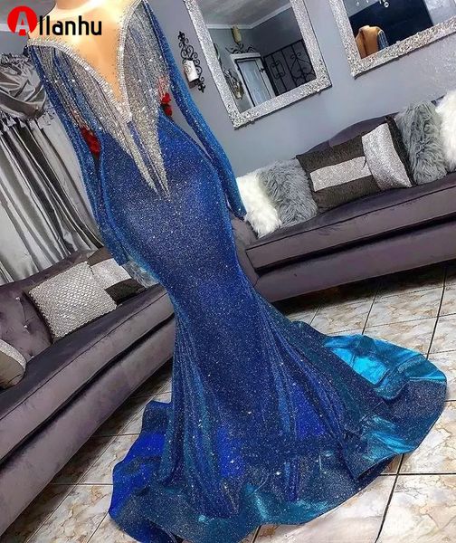 NUOVO! 2022 Abiti da festa da ballo con paillettes blu royal con nappe brillanti Abiti da sera a sirena con maniche lunghe 2K19 Abito formale Custom Made