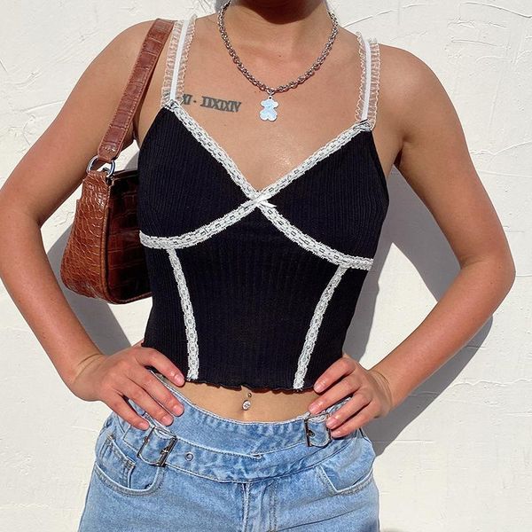 

women's tanks & camis womens v-neck cropped tank 2021 summer spaghetti strap patchwork lace wrapped chest crop club casual cam, White