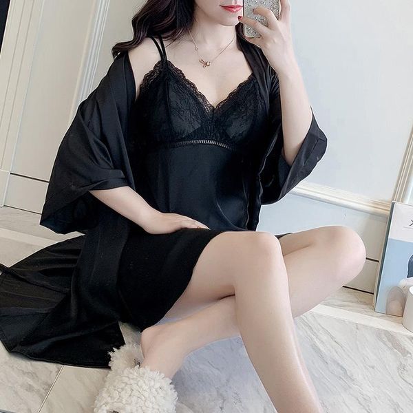 

women's sleepwear plus size set beauty back nightdress silk satin bathrobe sweet sleepdress nightgown 2 piece suit homewear, Black;red