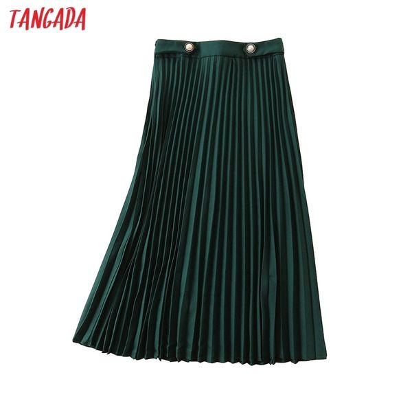 

tangada women green pleated midi skirt button decorate side zipper office ladies elegant chic mid calf skirts qb206 210309, Black