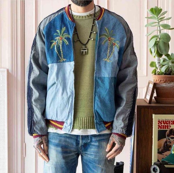 

fashiondemon hirata and kapital hiroshi 21aw wash water used denim stitching ma1 double-sided velvet jacket, Black;brown