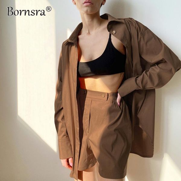 

women's tracksuits bornsra 2021summer blue lapel cardigan shirt long-sleeved elastic waist sports shorts cotton suit women high street, Gray