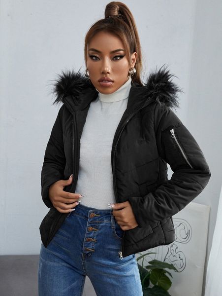 

petite fuzzy trim hooded puffer coat a7sr#, Black