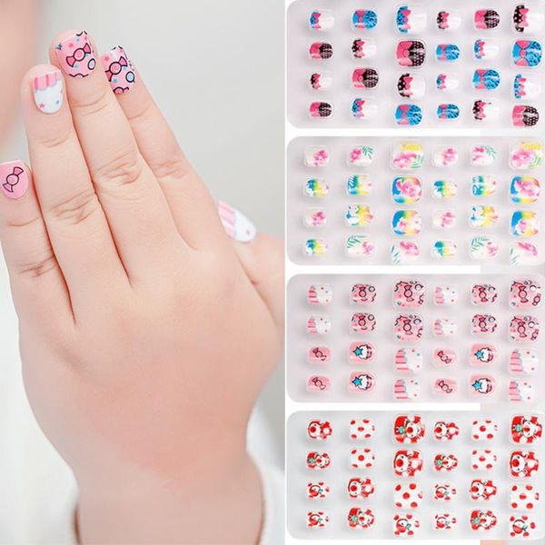 

false nails 24pcs kids fake press on nail art decor child detachable oval wearable full cover tips manicure tools, Red;gold