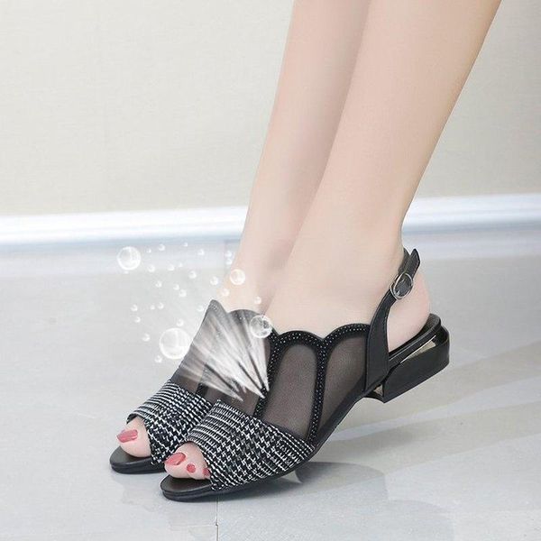 

sandals women's 2021 summer peep toe low square heel female mesh shoes casual hollow out buckle strap for woman, Black