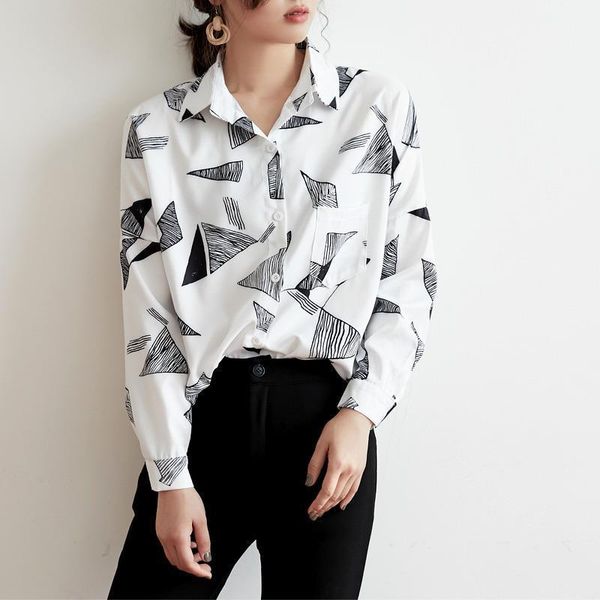 

women blouses geometric print chiffon loose white blouse shirt female casual shirts blusas mujer spring