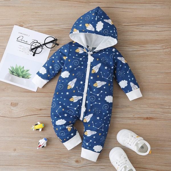

jumpsuits cotton born baby boy clothes winter cool rocket starry sky print single breasted long sleeve hooded romper 0-18m, Blue