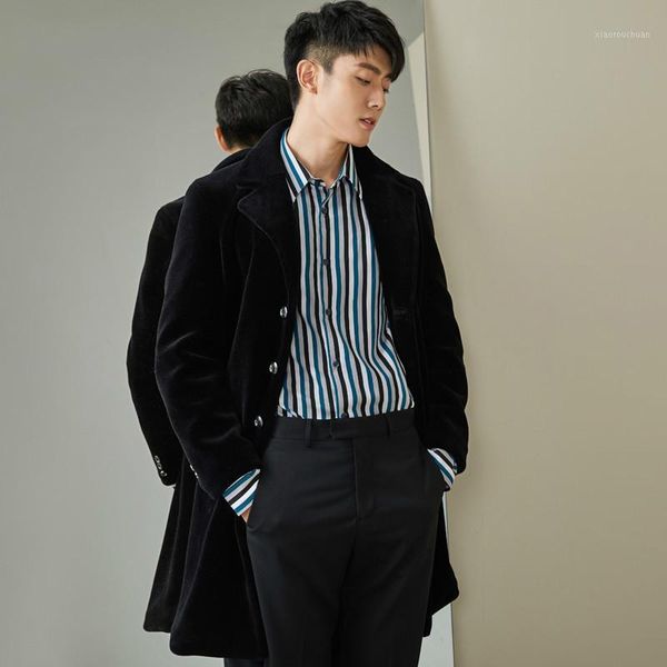 

men's leather & faux 100% wool men long winter jacket sheep shearing real fur coat korean overcoat parka mont erkek mg-00-7026 kj1320, Black