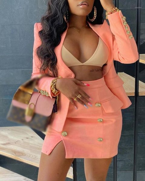 

two piece dress 2021 ladies spring and autumn suits solid color lapel suit jacket with double-breasted slits bag hip skirt two-piece, White