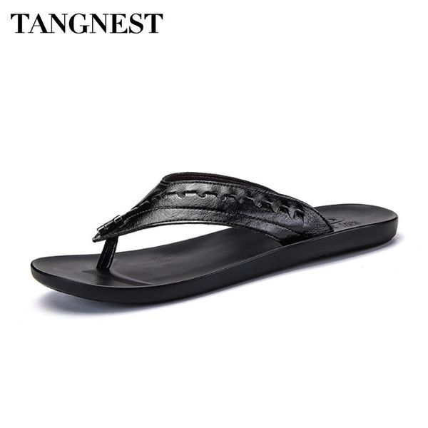 

tangnest summer genuine leather men slippers 2021 new fashion beach flip flops outdoor casual shoes soft sandals xmt274, Black