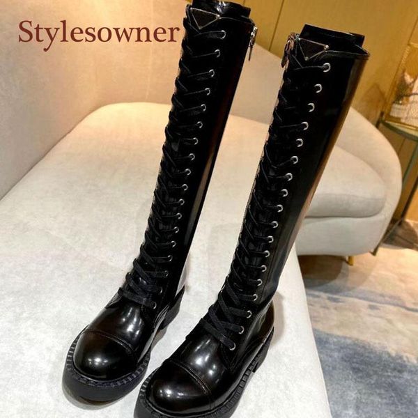 

boots thick sole real leather bootie half knee high triangle metal decor cool lady designer motorcycle, Black