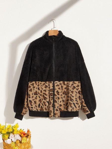 

leopard panel drop shoulder fleece jacket i2yk#, Black;brown