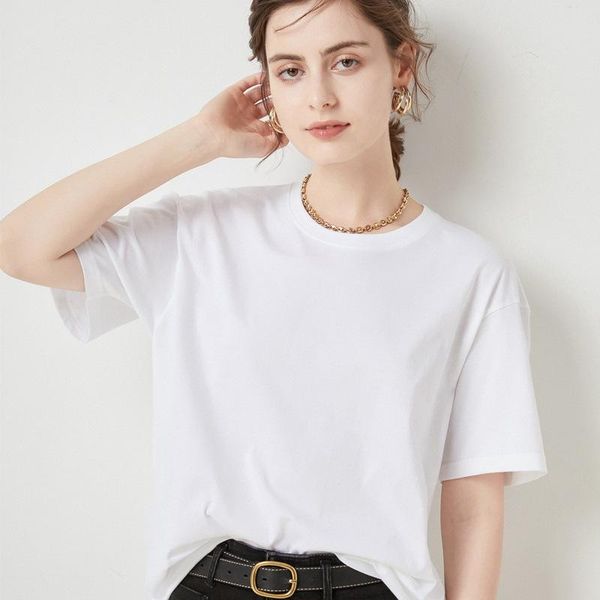 

women's t-shirt 2021 summer cotton pure color short-sleeved loose large size drop shoulder round neck half-sleeved 100%, White