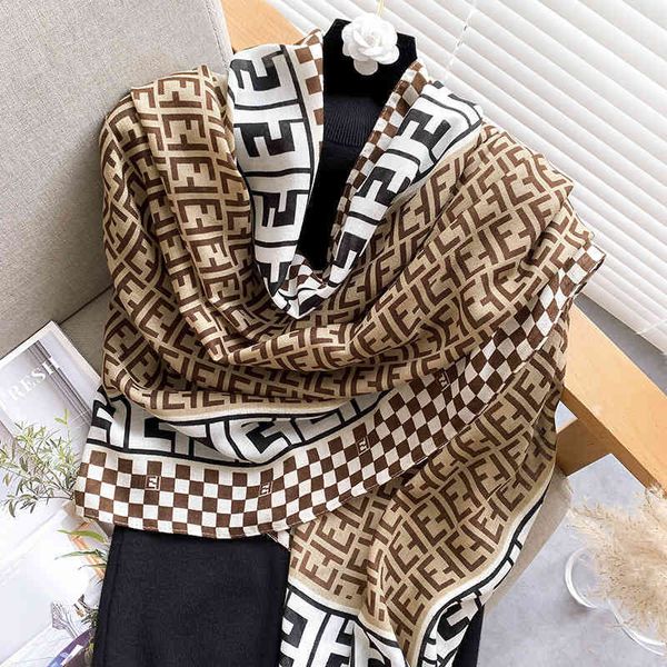 

70% off design scarf new spring and summer thin letter female sunscreen printing plain four seasons universal silk shawl, Blue;gray