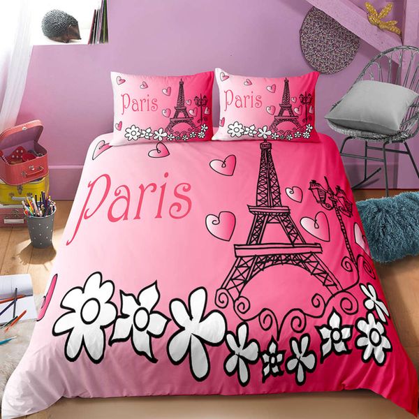 

paris tower duvet cover set hand drawn building flower bedding double  wedding bed set pillowcase microfiber bed cover pink