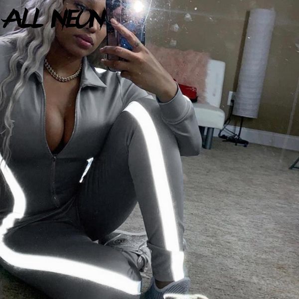 

women's jumpsuits & rompers allneon holographic patchwork long jumpsuit zipper front sleeve bodysuit black skinny women streetwear over, Black;white