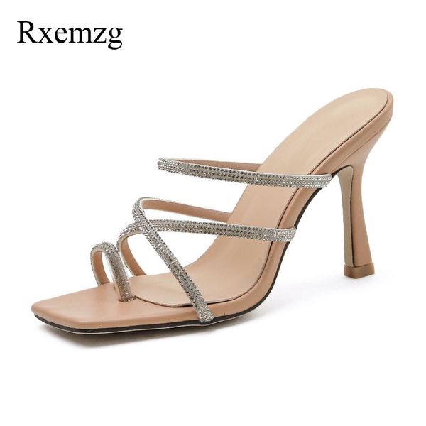 

slippers rxemzg summes shoes woman thin high heels summer sandals fashion rhinestone slides ladies pumps party wedding crystal mules, Black