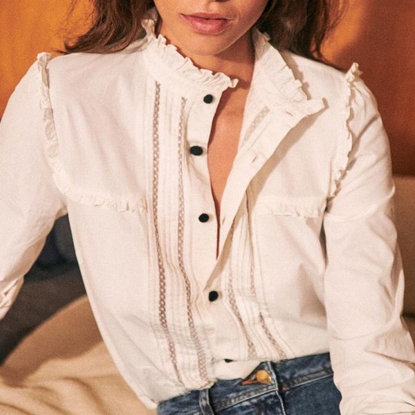 

2021 new ruffled lace patchwork blouse women autumn casual bow tie long sleeve turtleneck white cotton shirt vintage ropa mujer xiyg, White;black