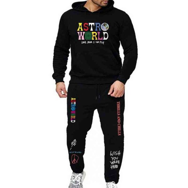 

travis scott hooded sweater + pants suit men's and women's sportswear, Black