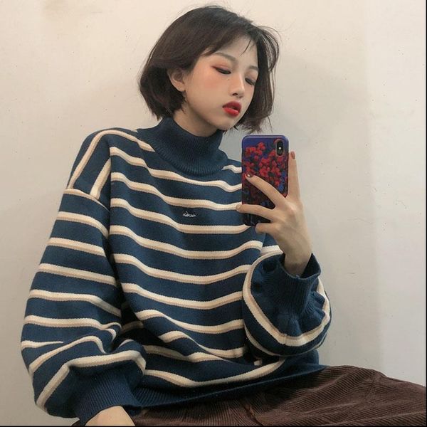 

korean ins harajuku winter fashion vintage high collar striped knit sweater women new vintage punk thickening loose sweater, White;black
