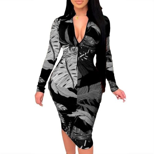 

casual dresses women deep v neck zipper slim party fit dress 2021 spring vintage printed long sleeve bodycon lady, Black;gray