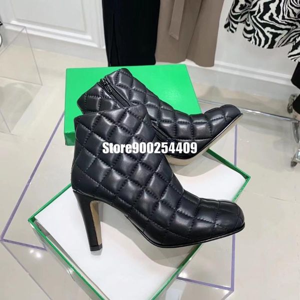 

boots women genuine leather black modern style ankle boots, autumn winter 8,5cm heels, square toe