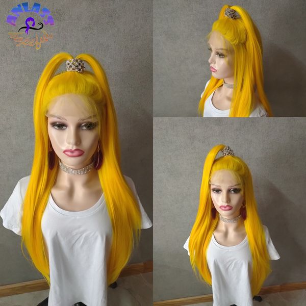 Sarı Renk Şeffaf Dantel Frontal Peruk 13x3 Düz Sentetik Kanekalon Cosplay Peruk Siyah / Beyaz Kadınlar için