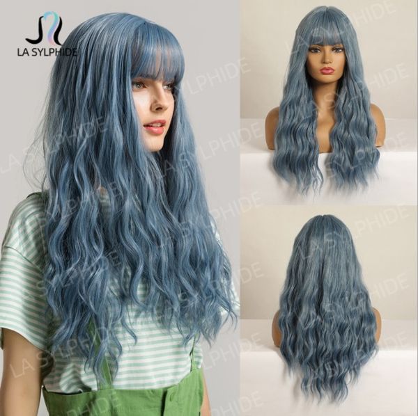 

synthetic wigs blue long curly brand air bangs, Black