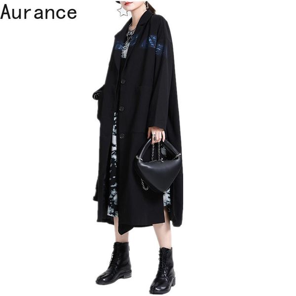 

aurance] women print pattern big pockets loose blazer new notched collar long sleeve jacket fashion tide spring autumn 2021, White;black