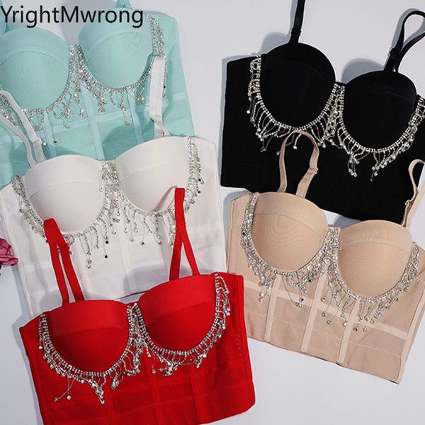 

quality crystal rhinestone tassel padded chest push up bralette crop luxury party club ballroom stage fashion corset, White