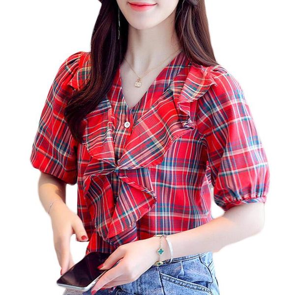 

vintage plaid blouse women shirts summer short sleeve vogue ruffles loose women blouses casual plus size blusas mujer, White