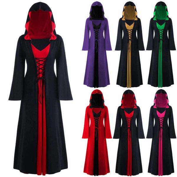 

casual dresses womens gothic dress vintage large size office lady plus hooded lace up patchwork long sleeve vestidos, Black;gray