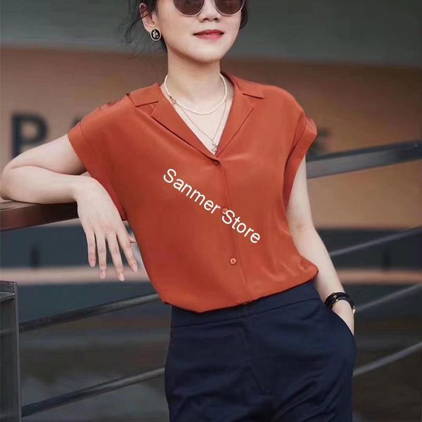 

2021 new 100% de seda blusa feminina entalhado manga curta cor slida senhora do escritrio macio camisa & s vero novo clig, Black