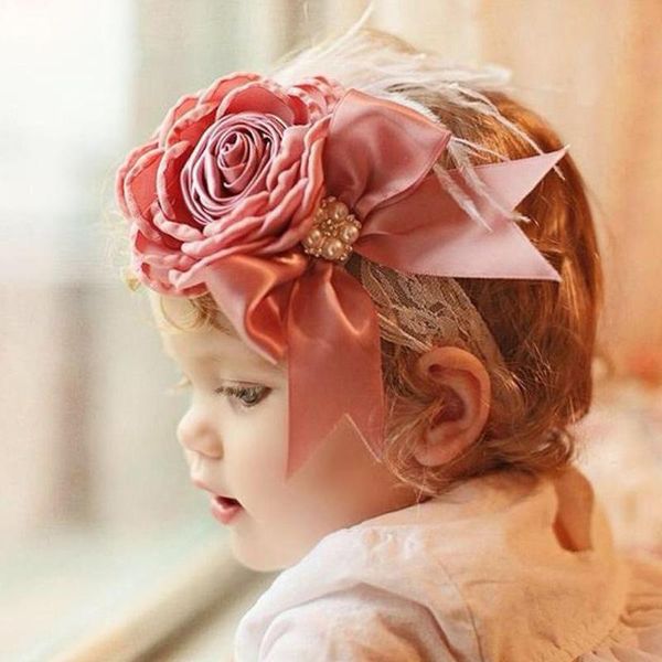 

hair accessories vintage flower headband baby girls headwraps born pography props gifts lace elastic bands pearl feather, Slivery;white