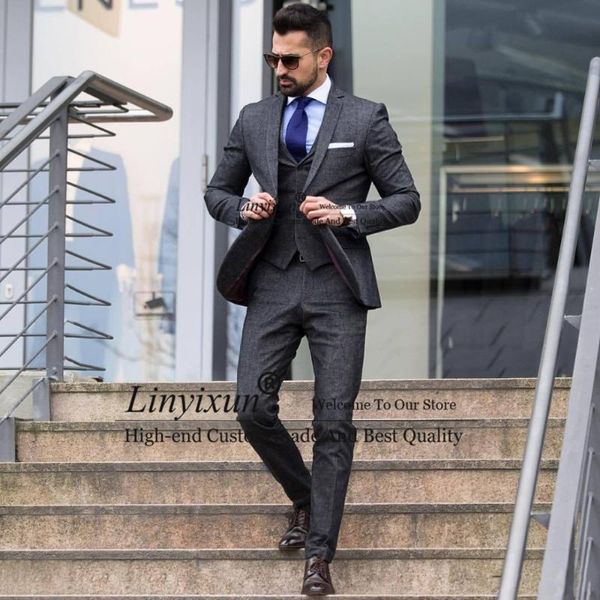 

men's suits & blazers winter mens tweed gray formal business blazer slim vintage 3 piece set tuxedos groom tuxedo jacket pants vest cos, White;black