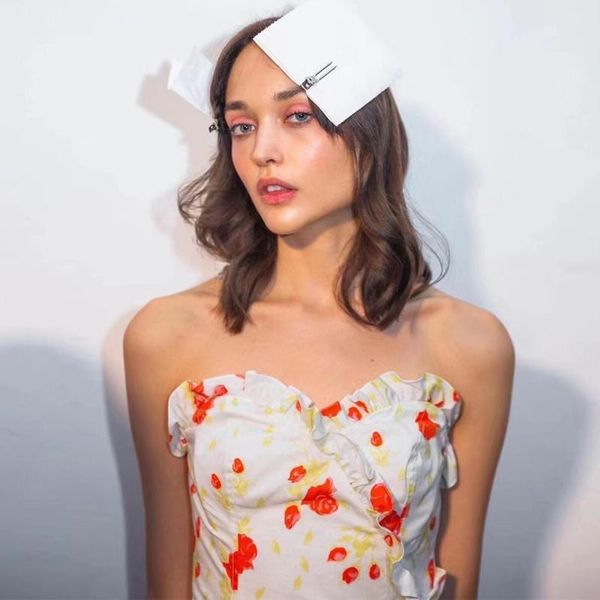 

women's polos summer rose print tube slim ruffled clavicle, White