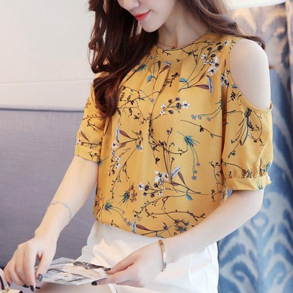 

women's blouses & shirts 2021 chiffon print blusas floral shirt for womens elegant open shoulder women ete plus size female, White