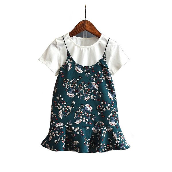 Verão 2021 vestuário infantil menina de algodão de manga curta + jardim floral vestido 2 pcs bonito menina roupas q0716