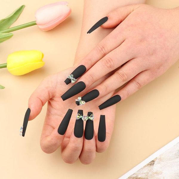

false nails 24pcs bow t-shaped extra long nail patch black ballerina coffin fake fashion beauty manicure art tip with glue, Red;gold